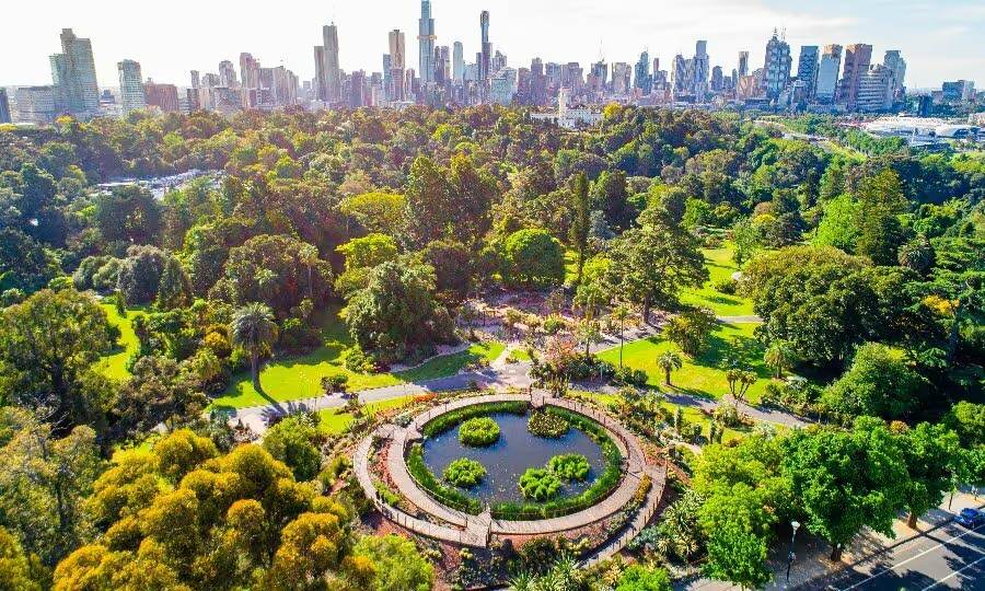 Parkland and gardens beside the Melbourne skyline